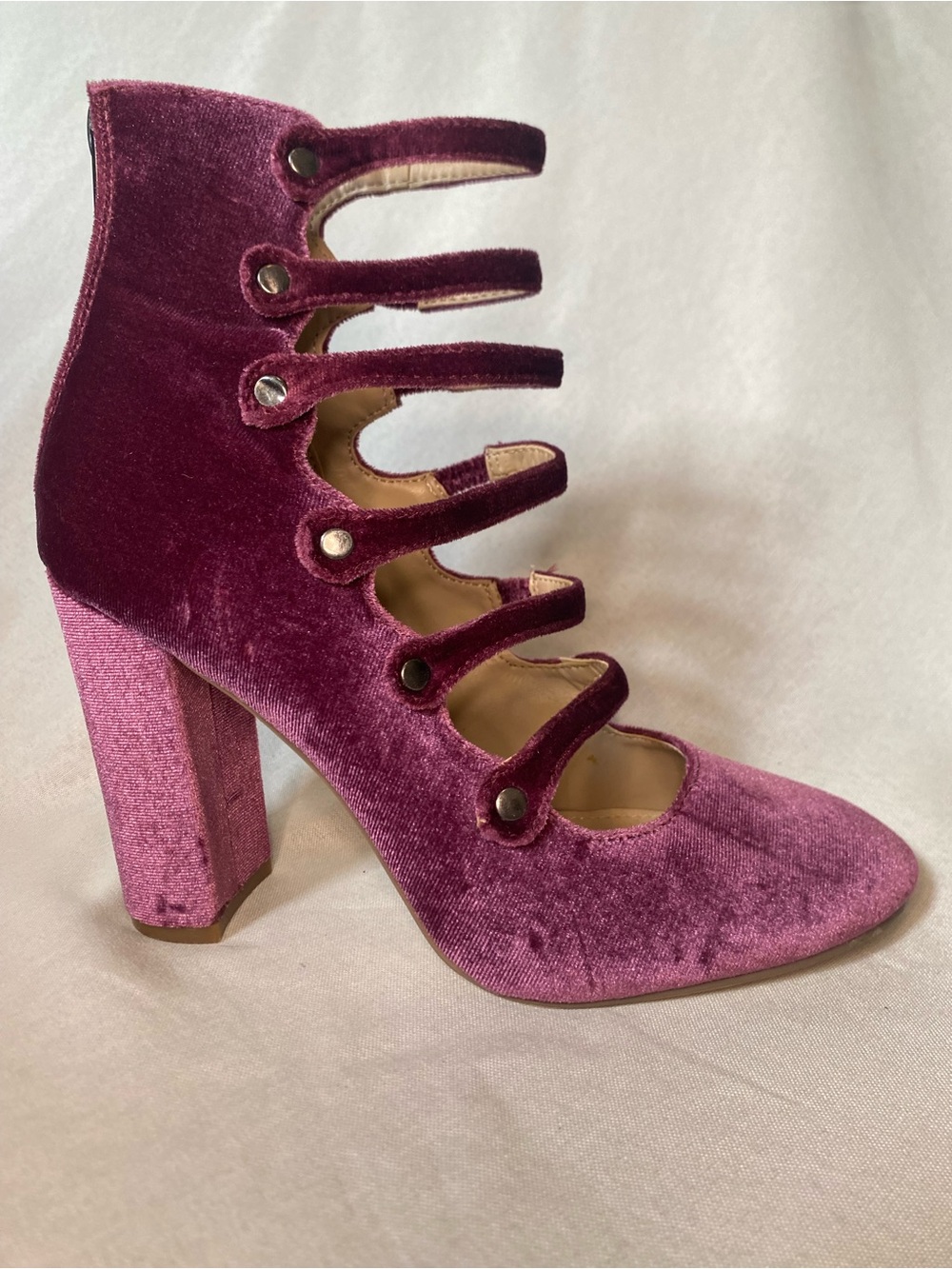 JustFab Velvet Multi-Strap Block Heel in Plum